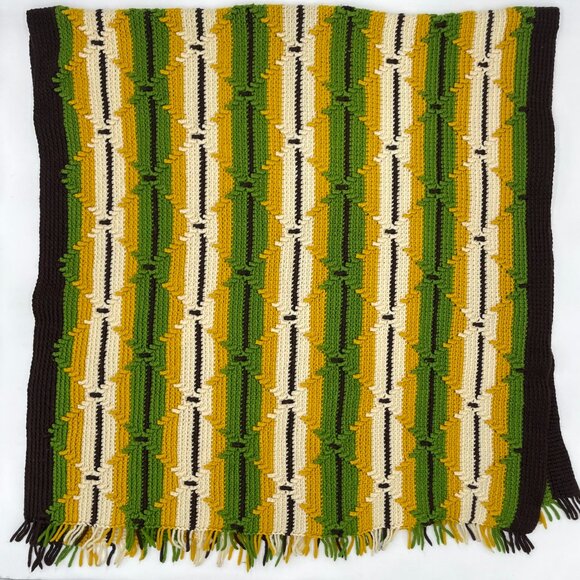 1970 Crocheted Blanket Afghan Green Off-White Dark Brown Yellow Handmade Retro - Picture 1 of 13